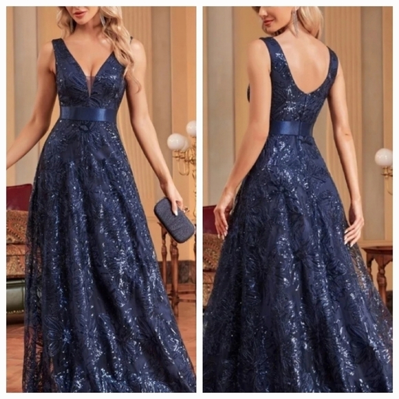 Blue Embroidered,  V Neck, Empire, Tulle,  Gown - Picture 1 of 15